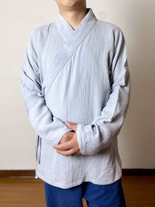 Loose Fit Cotton Linen Hanfu Long Sleeve Casual Shirt Comfortable Home Wear Youth Style Button Decoration Iron Free Pure Color