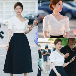 Stunning Zhao Lu Si Outfit Set White Shirt Black And White Skirt Set Korean Style Pure Cotton Short Sleeve Womens Shirt