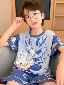 Pajamas Mens Summer Kids Cartoon Boy Short Sleeve Pure Cotton Ultraman Boy Suit Thin Air Conditioning Room Homewear