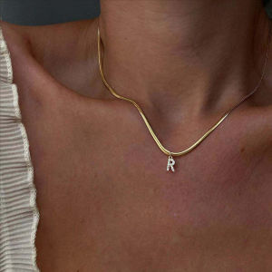 Womens Letter Pendant Necklace Flat Snake Chain Simulated Zircon Crystal Fashion Jewelry Collarbone Chain Accessory