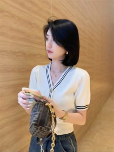 Philippines Style Ice Silk Short Sleeve V-Neck Knitted Cardigan T-Shirt Women Summer Fashion High-End Sensation Versatile Thin Ice Silk Top