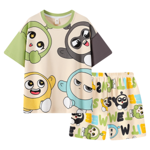 Miiow | Pure Cotton Summer Lightweight Childrens Sleepwear Set Catman Boys Home Clothes Short Sleeve Round Neck Sweat Absorbent Breathable