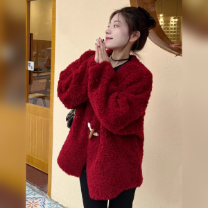YUFUQING | Red Lamb Fur Jacket Small Fragrance Style Outerwear Womens Autumn Winter High End Sensation Street Fashion Rabbit Year Clothes