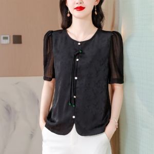MAIMEI | Retro Chinese Style Shirt Womens Fashion Slimming Top Ladylike Embroidery Cover Belly Straight Cut Short Sleeve Round Neck