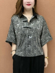 Fashionable Short Sleeve Shirt for Middle-Aged Mothers Summer 2024 Loose Casual Retro Button-Up Womens Top Print Splicing