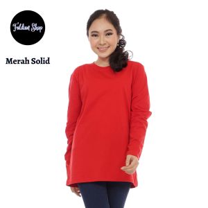 Kaos Polos Wanita Oneck Lengan Panjang Bahan Katun Combed 30s Warna Merah Solid