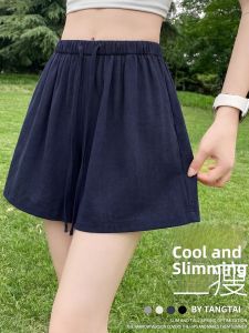 YAYANGREN | Navy Breathable Linen Shorts For Petite Women High Waist