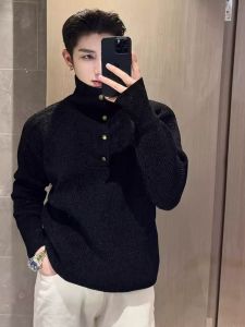 Kazuki Kuraishi High Neck Knitwear Mens Style Autumn Winter Fashion Lazy Style Premium Feeling Button Base Layer Sweater