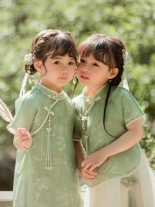 Girls Cheongsam Summer Childrens Revamped Republic of China Style Dress Parent-Child Chinese Style Set Baby Hanfu High End National Trend
