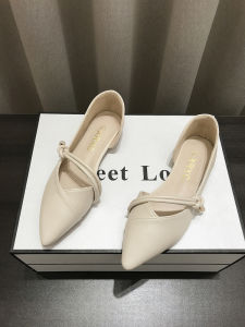 รองเท้าส้นแบนหัวแหลมสไตล์ฝรั่งเศสสำหรับผู้หญิง สีเบจ ฤดูใบไม้ผลิ 2025 รองเท้า Mary Janes ส้นแบนนิ่ม ปากตื้น ด้านข้างเปิด รองเท้าแฟชั่นสำหรับผู้หญิง