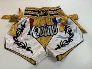 Ram Lumpini Satin Muay Thai Fight Shorts White Gold with Gold Ribbons Large