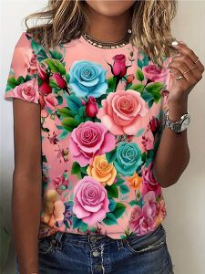 Pastel Pink Womens Tee - Vibrant Multi-Color Rose Pattern Graphic Bold Floral Garden Design for Casual Daily Wear