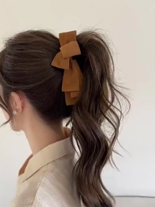 BECORATE High-End Leather Velvet Multi-Layer Bow Banana Clip Korean Ponytail Bun Twist Clip Hair Accessories Sweet Style Acrylic Material