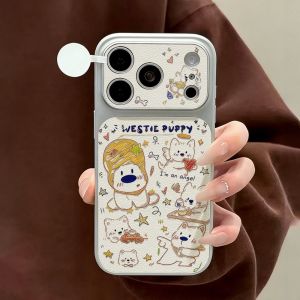 Cute Puppy Dog Case For iPhone 17 16 15 14 13 Pro Max 12 Pro 11 17Pro 16 16Pro Shell Lychee Leather Camera Lens Protective Cover