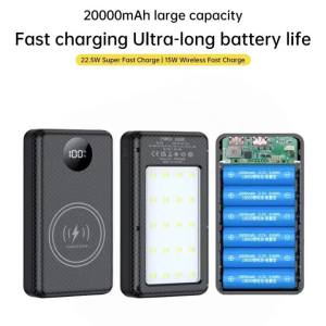 kebidumei | 6*18650 Power Bank Battery Box Holder 22.5W Dual USB Type C Power Bank Shell 15W Wireless Charging DIY With Camping Lights