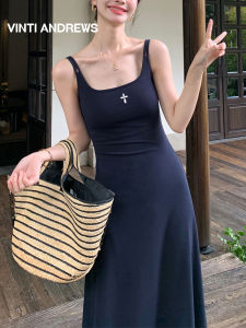 Black V-Neck Padded Slip Dress Long