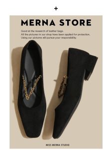 Merna Black Leather Version Chunky Heel Mary Janes Womens Shoes Square Toe Single Strap Chain Detail Fashionable Retro Style