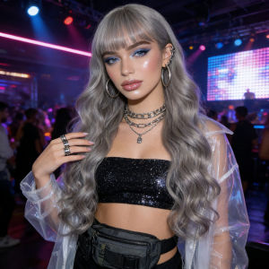 Granny Grey Qi Bangs Big Wave Wig Female Long Curly Hair Chemical Fiber Full Headgear