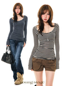 youngstage | Áo Thun Ngắn Tay Ôm Body Sọc Mỹ