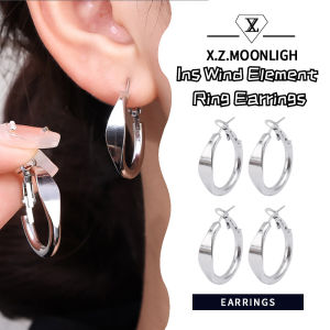X.z. MOONLIGH Ins ต่างหูดีไซน์เรียบง่ายที่หลากหลายของต่างหูห่วงไม่มีลวดลายสีเงินเย็น