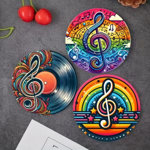 6pcs 2D Music Theme Pattern Art Coasters Round Wooden Heat Resistant Non-Slip Home Decor Gift Multifunctional Decoration