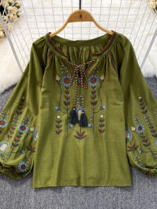 Loose Cotton Linen Embroidered round Neck Pullover Shirt Womens Casual Top Spring Autumn Ethnic Style Retro Artistic