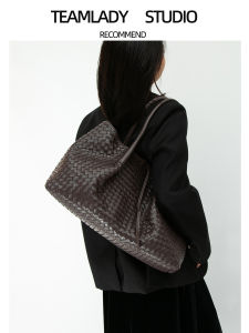 TEAMLADY Large Capacity Leather Tote Bag Handwoven Commuter Bag Underarm Handbag Soft Shoulder Bag Pure Color Business Bag