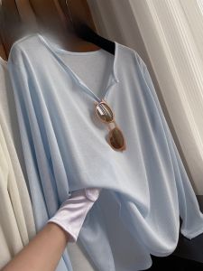 Slimming Long Sleeve V-Neck T-Shirt Loose Fit Polyester Fiber Summer Thin Material Pure Color Casual Style Cover Belly