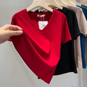 Fashionable V-Neck Short Sleeve T-Shirt Womens Summer 2024 Solid Color Slim Fit Versatile Elastic Body Shirt Top
