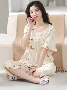 MiiOW | Pure Cotton Summer Lightweight Breathable Womens Sleepwear Short Sleeve Seven-Piece Pants Home Clothes Set Cool Feeling