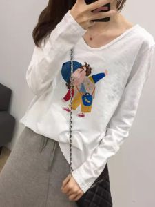 เสื้อยืดคอกลมแขนยาวผ้าฝ้ายลายกระดูกไผ่สำหรับผู้หญิง ทรงหลวมสบาย ๆ สีพื้น เสื้อเชิ้ตฐานสีสันสดใสสำหรับฤดูใบไม้ร่วง