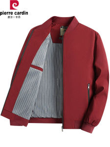 แจ็คเก็ต Pierre Cardin สำหรับผู้ชาย สีแดง ฤดูใบไม้ผลิและฤดูใบไม้ร่วง เสื้อคลุมกันหนาวแบบสวมหัว ทรงหลวม ปกโปโล ทรงหลวม ปกโปโล