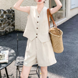 Shalldoer | Bộ đồ hai mảnh cổ điển không tay màu trơn mùa hè thời trang đa năng cho nữ Bộ đồ vải polyester ngắn cổ chữ V cài nút