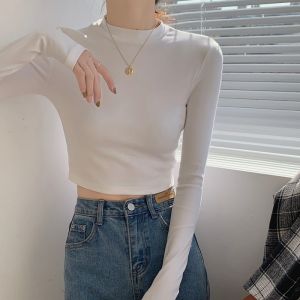 High Waist Short Sleeveless T-Shirt Womens Slim Fit Long Sleeve Inner Wear Casual round Neck Top for Spring Autumn