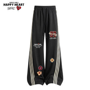 CHARLES JANGS HAPPY HEART | High Street Stripe Trendy Casual Pants Straight Leg Wide Trousers