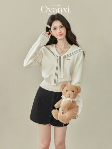 OUYANGXI | Áo Sweater Len Kẻ Dài Tay Cổ Thủy Thủ Phong Cách Hàn Quốc Đầu Thu