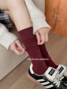 Ankela Red Socks Womens Retro Wine Red Long Tube Pile Style Cotton Socks Cherry Pulp Red Stacked Calf Socks