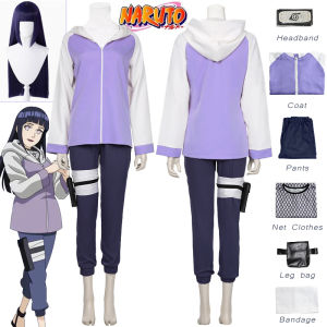 Anime Naruto Hinata Hyuga Cosplay Costume Ninja Hinata Purple Jacket Coat Pants Leg Bag Full Sets Halloween Cosplay 100cm Long Straight Hair Wig