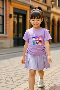 Setelan Kaos Serut Crop Top dan Rok Celana Rempel Salur Perempuan Huntrix Umur 1-14 tahun