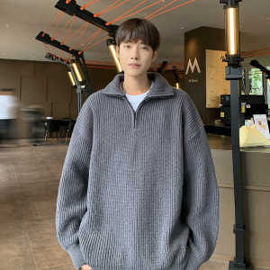 เสื้อสเวตเตอร์ถักหนาสำหรับผู้ชาย ทรงหลวม ปกติ แขนยาว คอตั้ง เสื้อชั้นใน สไตล์ญี่ปุ่น สีพื้น แจ็คเก็ตถักแบบมีซิปครึ่งตัว