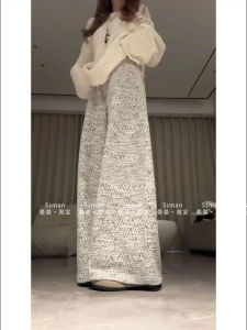 Silver Threaded Fleece Lined High Waist Straight Leg Casual Pants Womens Autumn Winter Slimming Wide Leg Trousers