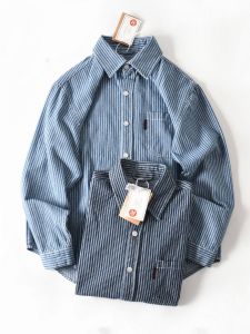 เสื้อเชิ้ตยีนส์คอกลมแขนยาวผู้ชายทรงหลวมฤดูใบไม้ร่วง Pure Cotton Washed Color Woven Stripes Loose Casual Long Sleeve Denim Shirt
