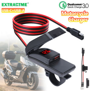 Extractme Motorcycle Charger Type-C Fast Charger Power Adapter Dual USB QC3.0 Socket with Switch Waterproof Digital Voltmeter
