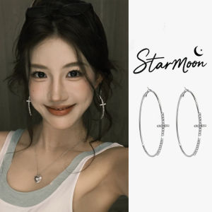 Exaggerated Diamond Cross Earrings Womens Unique Ins Style Fashionable Studs Hoop Earrings Mixed Material Fresh out