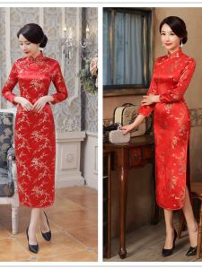 Printed Long Sleeve Cheongsam Floral Print Stand Collar Traditional Chinese Dress Street Style mid Waist Autumn Wear for Women