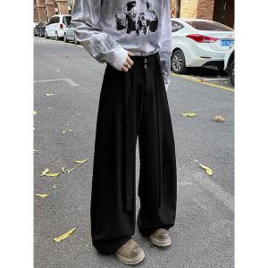 American Retro Straight Leg Casual Solid Color Mens Suit Pants with Belt Design Lightweight Wide Leg Long Pants