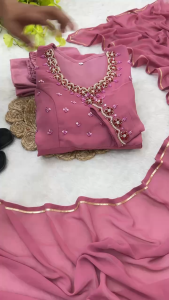 [PRE-ORDER] Ready Made Gown Fabrics Fox Georgette Heavy Quality Fabric With Handwork Neck Suit (10-15days delivery)