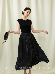 Kiki Monica French Style Two-Way Wear Black Slim A-Line Dress Ruffle Hem round Neck Mid-Length Skirt for Commuting in Spring Summer