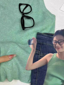 chaqi | Green Knitted Strap Vest Women Summer Outerwear Slim Fit Short Sleeveless Base Shirt Top Outerwear Casual Round Neck Single Piece