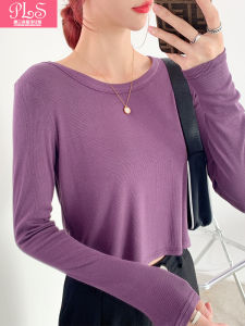 Basic Style High Waist Long Sleeve round Neck T-Shirt Womens Inner Wear Short Cotton Blend Korean Fashion Spring Autumn